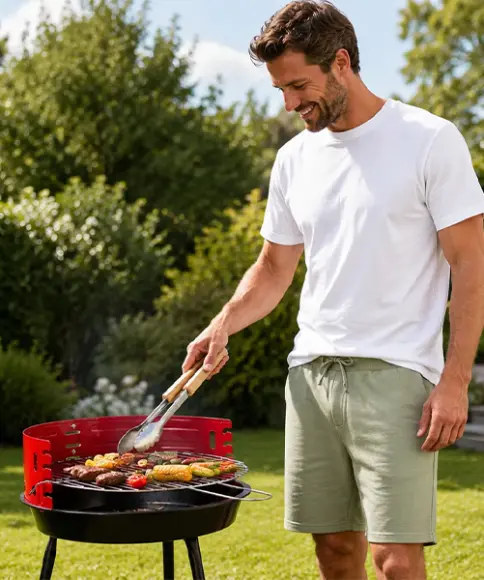 Ein Mann in weißem T‑Shirt und Shorts grillt Gemüse und Fleisch auf einem roten Grill in einem sonnigen Garten.